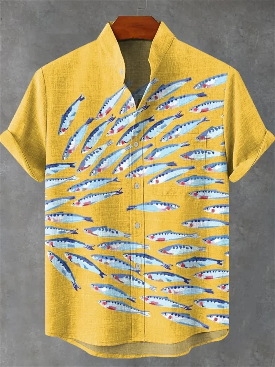 2025 new fashion short-sleeved shirt, made of comfortable and breathable fabric, new linen stand-up collar with fish print