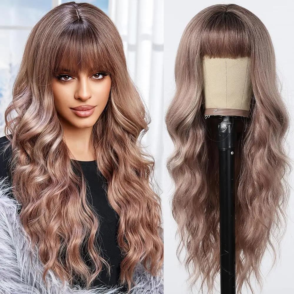 Long Wavy Wig Rose Blonde Wigs for Women 26 Inch Brown Curly Wigs with Bangs Synthetic Heat Resistant Fiber Wigs for Daily Party