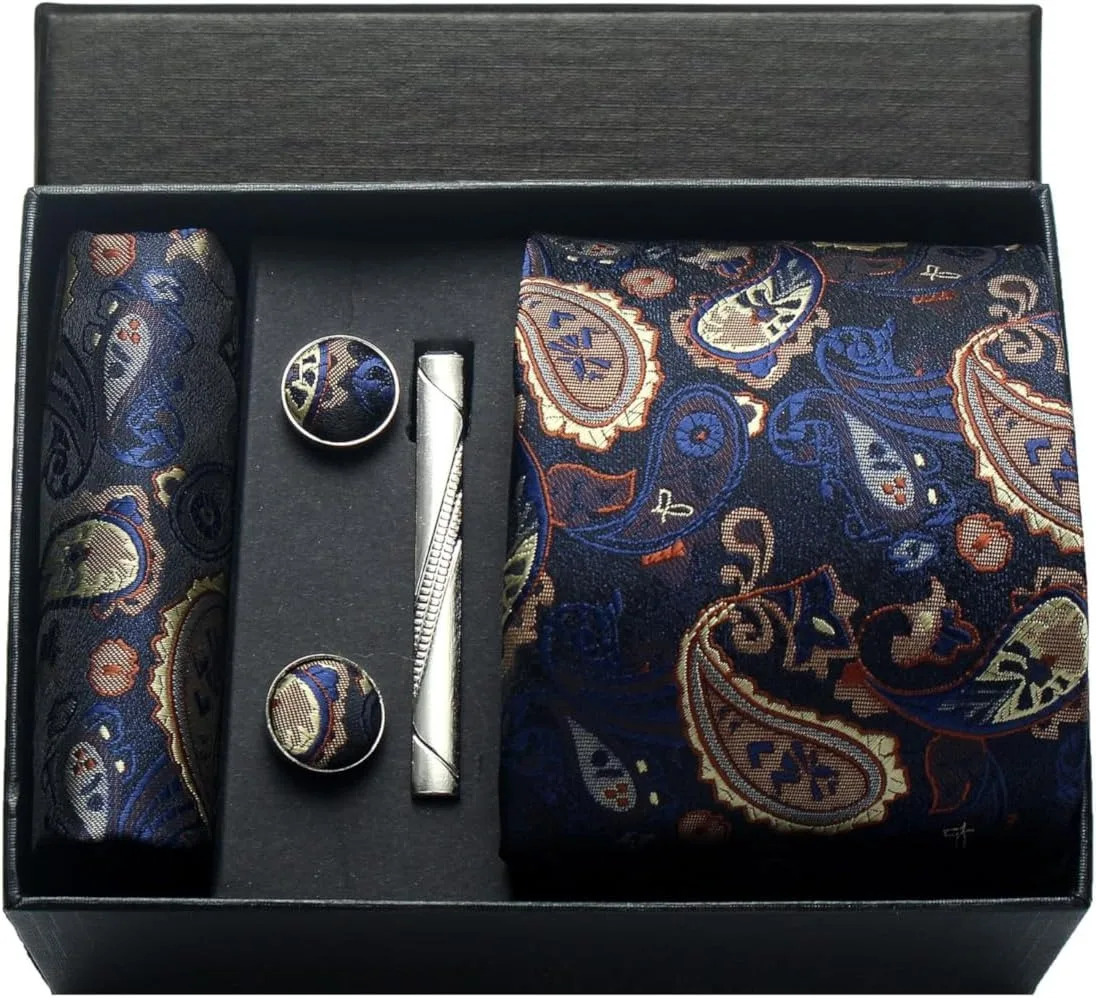 100 % Seidenkrawatte, Paisley-Blumenmuster, Herrenkrawatte, hochwertige Business-Krawatte, Einstecktuch, Krawattenklammer, Manschettenknöpfe-Set, klassisch, für Männer, Geschenkbox