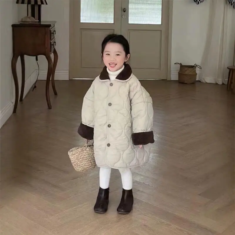 

Осенне-зимняя стеганая куртка для девочек, утепленное теплое пальто с лацканами, однотонные длинные топы, удобная новая модная детская одежда, простая