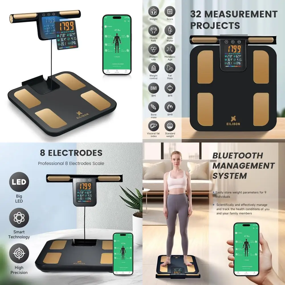 

Умные весы EILISON: цифровые весы для ванной комнаты с 8-электродной технологией для комплексного анализа состава тела, включая F