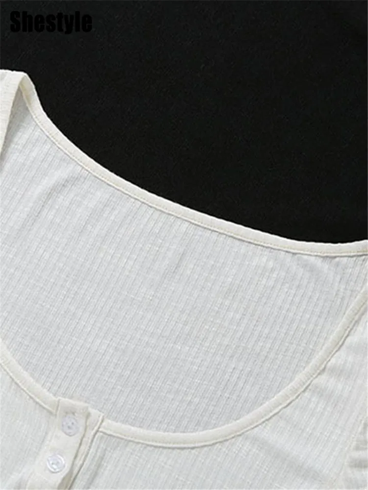 Shestyle Square Neck White Rib-Knitted Crop Tops Women Button Up Short Sleeve T-Shirts Texture Asymmetrical Low Cut Transparent