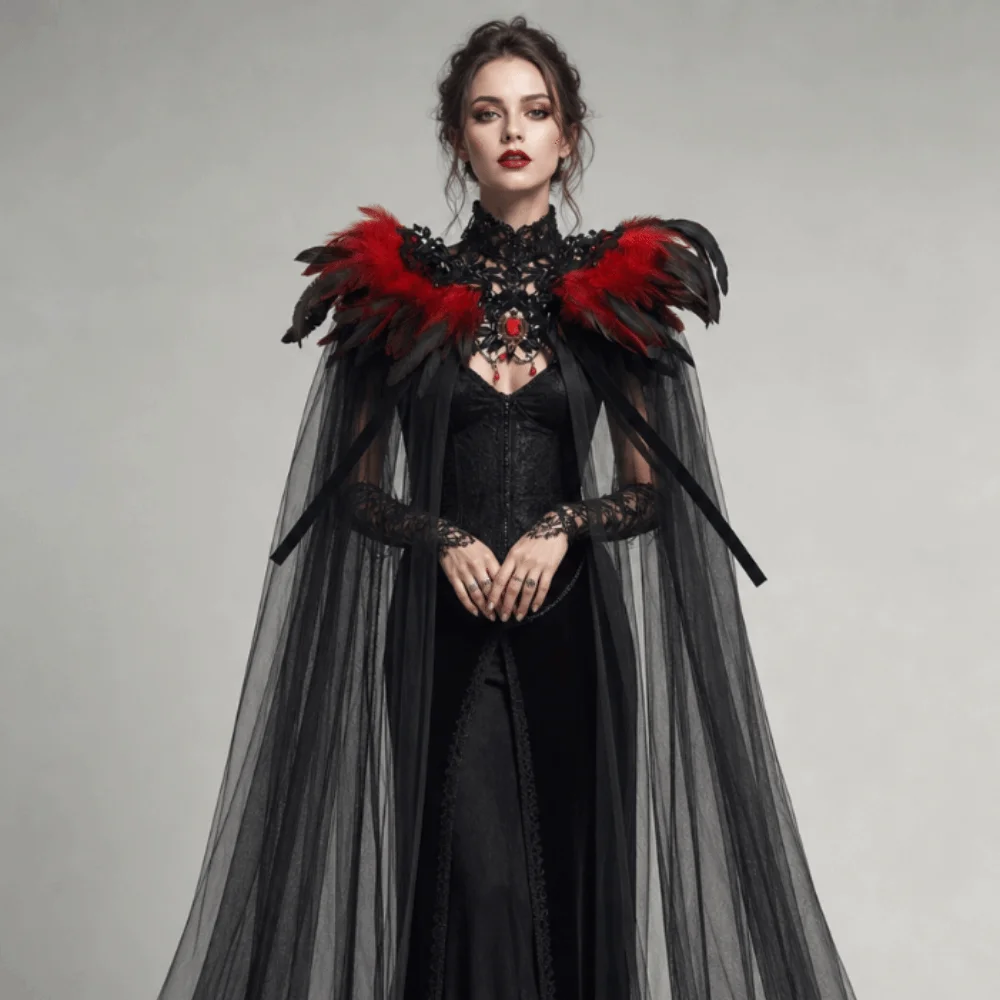 Black Halloween Feather Cloak Fur Collar Mesh Fringe Hollow Lace Mesh Cape Flowing Elegant Festival Costume Cape