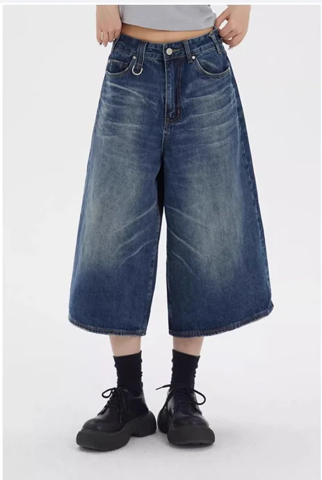 Jeans Biru Retro Celana Pendek Denim Panjang Lutut Lurus Longgar Kumis Pinggang Rendah Dicuci Pria Pakaian Musim Panas Kasual