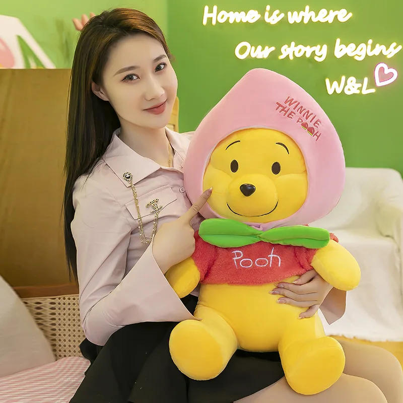 New Disney Anime Peach Winnie Bear Hooded Plush Toy Sleep Pillow Cartoon Cute Soft Stuffed Dolls Kawaii Decoration Kids Gifts