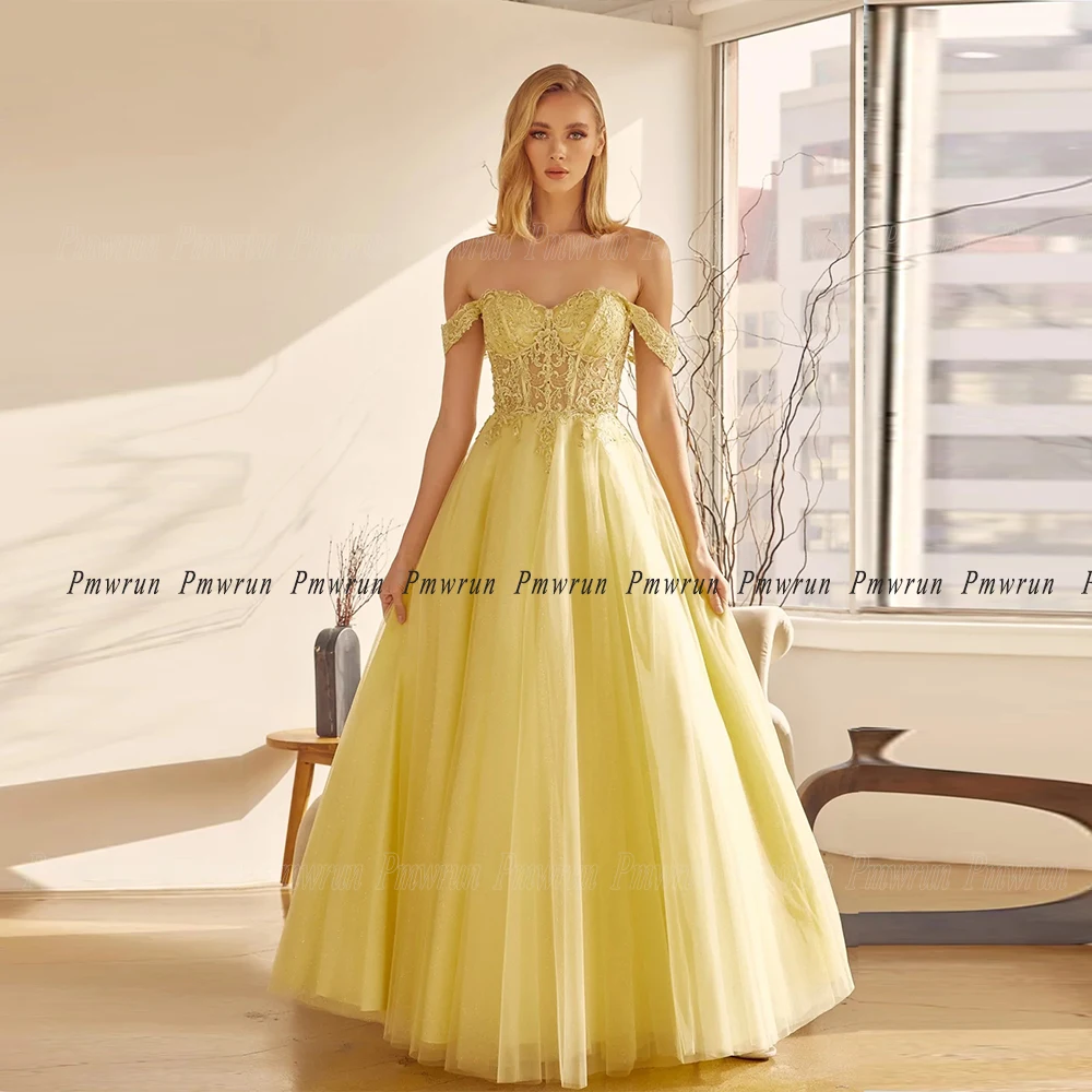 Tulle A-Line Eelegant Dresses for Women Gala Evening Off Shoulder Delicate Appliques Floor Length Special Occasion Gowns