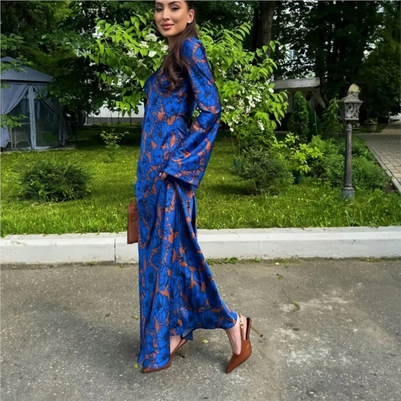 Modieuze meerkleurige print lange mouw taille-klinkende jurk lange rok grensoverschrijdende dames nieuwe 2025, elegante sfeer