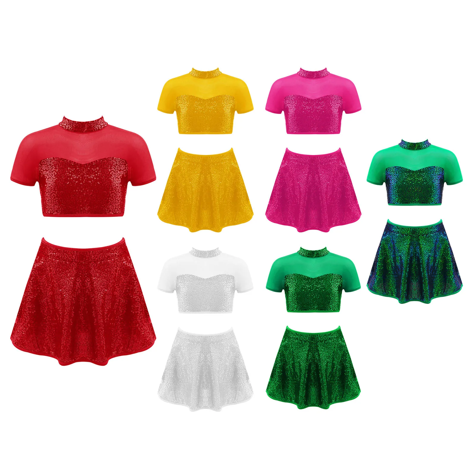 Girls Sequins Ballet Dancing Dress Kids Crop Top Skirt Set for Jazz Skating Gymnastics Shiny Costume Stage Dance Outfit Green
