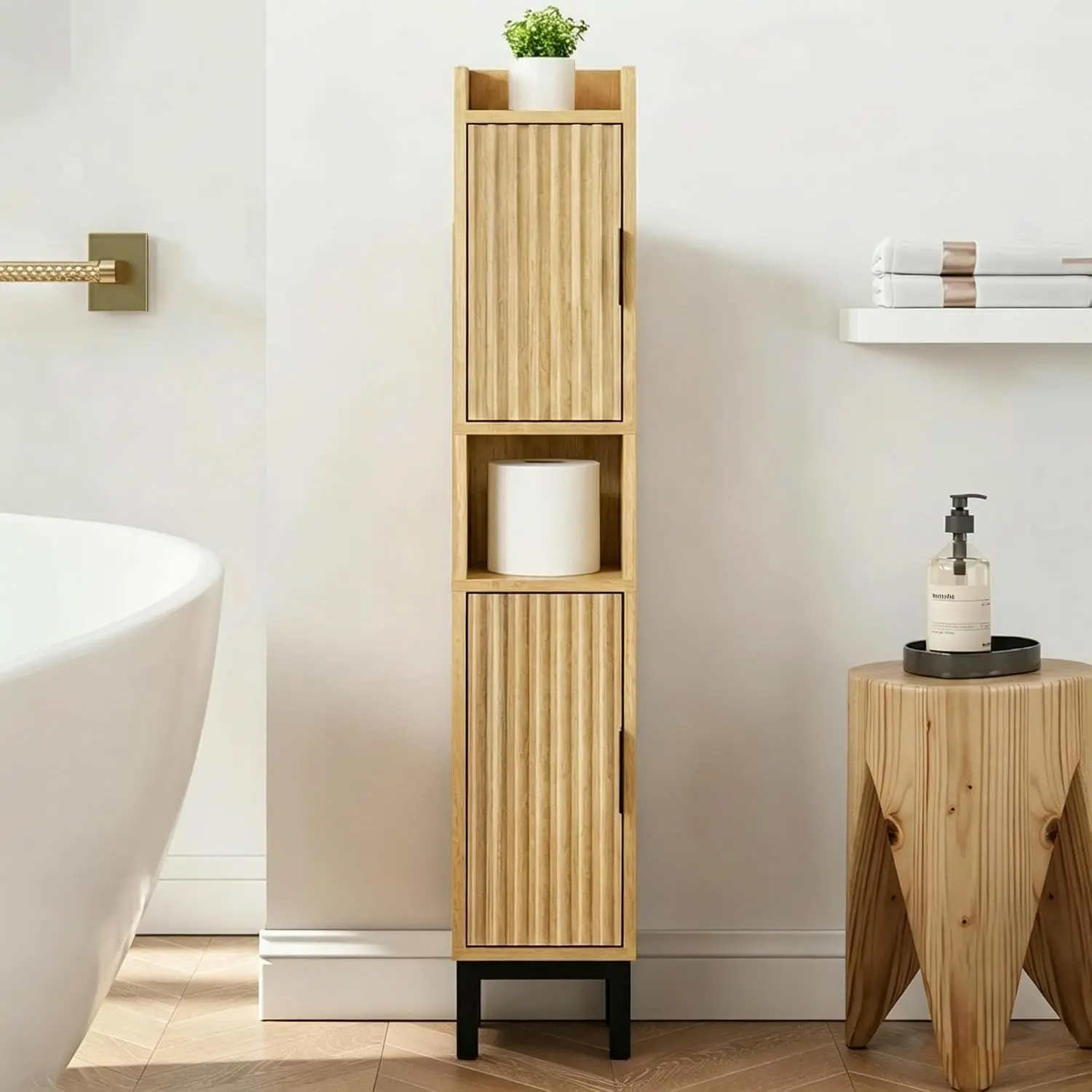 Small Bathroom Storage Cabinet,Narrow Toilet Paper Cabinet Oak | Corner Floor Cabinet with 2 Fluted Doors and Shelves,5 Tier Slim Bathroom Organizer with Adjustable Shelves for Small Space