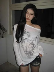 Deeptown Korean Fashion Vintage Graphic Tees Women Transparent Gothic T Shirt Long Sleeve Punk Y2k T-shirt Streetwear Loose Tops