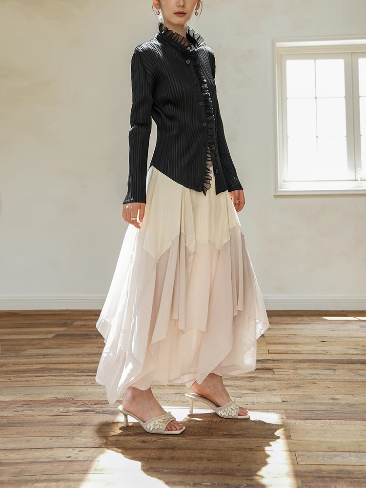 

Элегантная юбка-миди А-силуэта с кружевными вставками, асимметричным дизайном, из полиэстера, с высокой талией, для женщин, весна-лето-осень