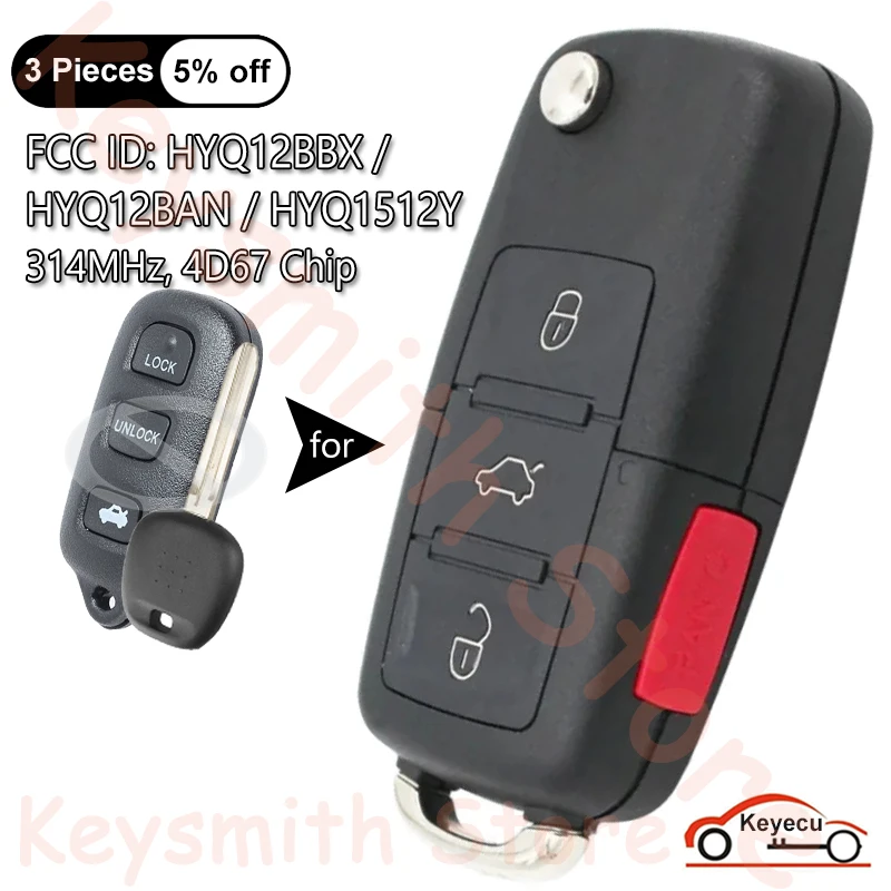 KEYECU 4 Buttons 314MHz 4D67 Chip for Toyota 4Runner Sequoia 2003 2004 2005 2006 2007 2008 Flip Remote Key Fob HYQ12BBX HYQ12BAN