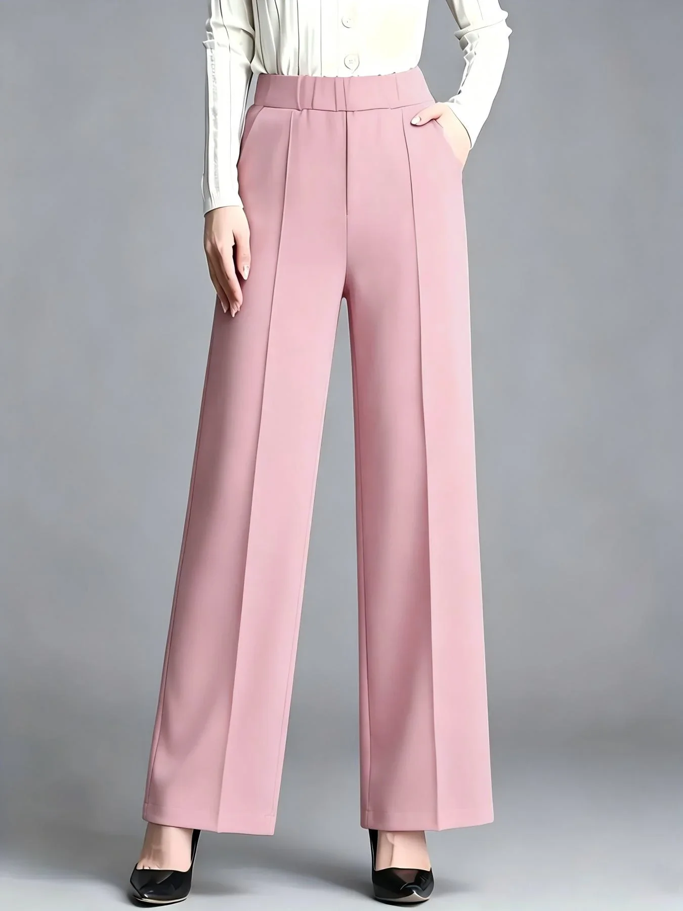 New spring women's pants, pure color, straight cut, suitable for commuting and leisure, with a draping style and elastic waist