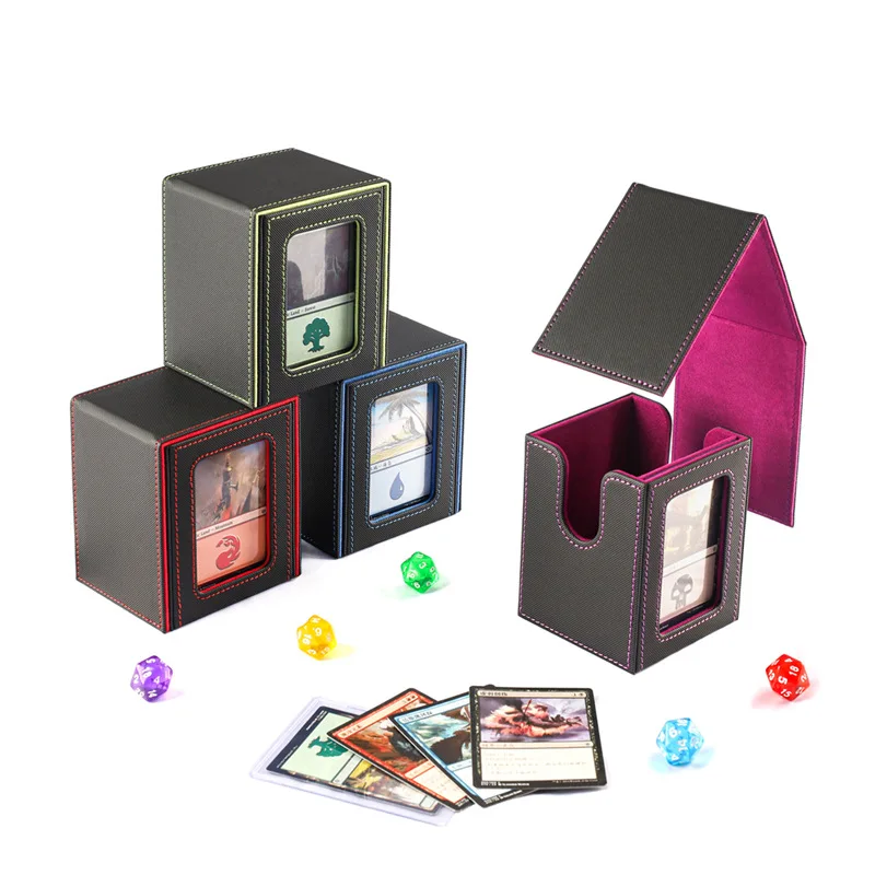 PU  Card Deck Box Waterproof Leather Magnetic Closure with Visible Window Vertical Card Holder for Trading Game Cards