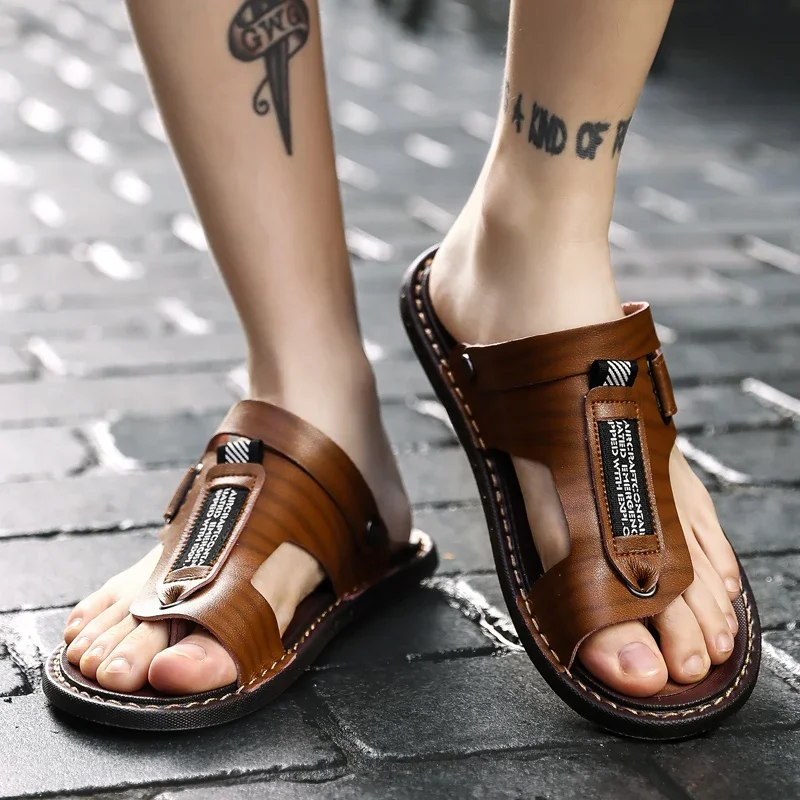 Fashion Summer Male Outdoor Flip Flops Men Comfortable Casual Shoes Leather Men Breathable Beach Shoes Sandals Plus