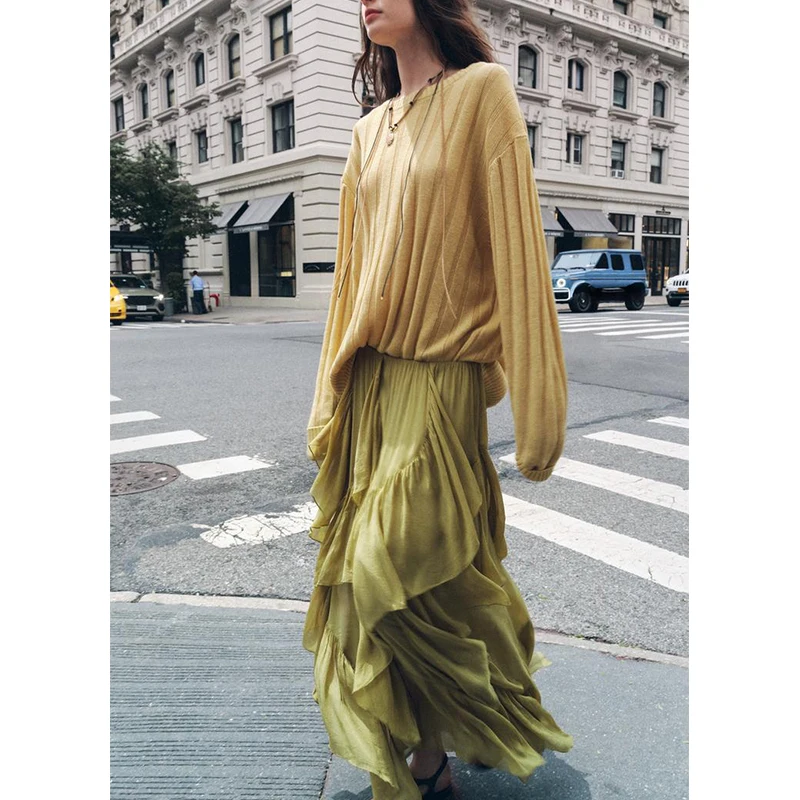 

New Summer Women's Midi Skirt Asymmetric Hem Layered Decoration Commute Cake Sle Loose Fit High Waist Polyester Fiber