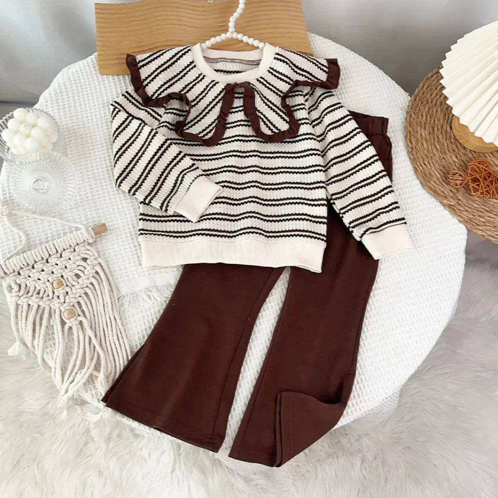 Spring and Autumn Fashion New Girls' Clothing Korean Version Striped Lapel Long Sleeved Top + Brown Pants Kids Two Piece Set