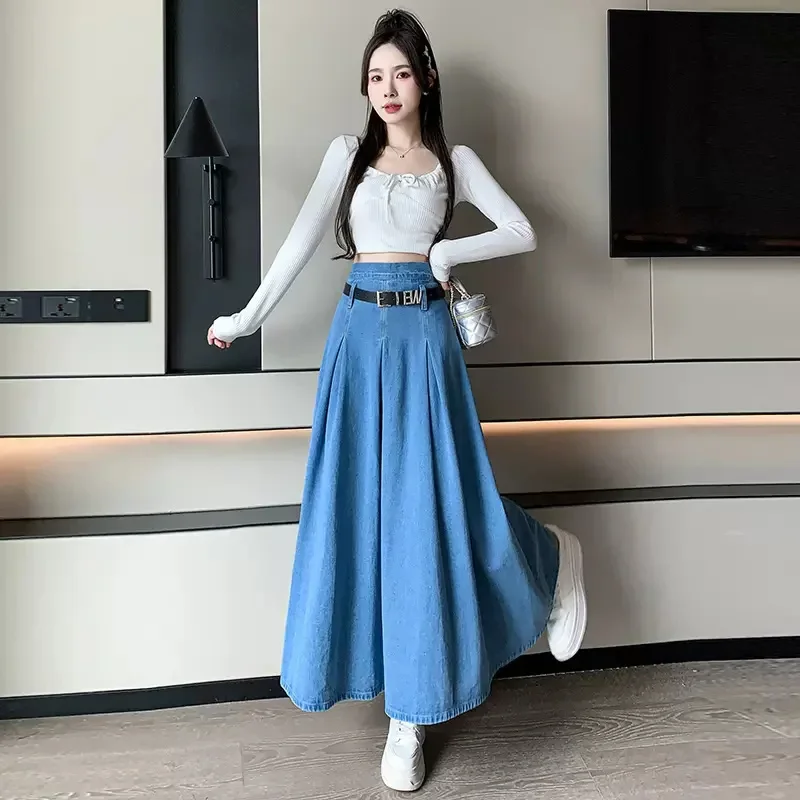 New Women Spring Summer Long Denim Skirt Fashion Vintage High Waist A-Line Skirt Casual Simplicity Blue Denim Skirt