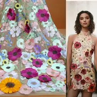 Tela colorida de encaje de flores 3D, vestido de novia DIY de lujo, último encaje bordado de malla suave flotante de girasol tridimensional