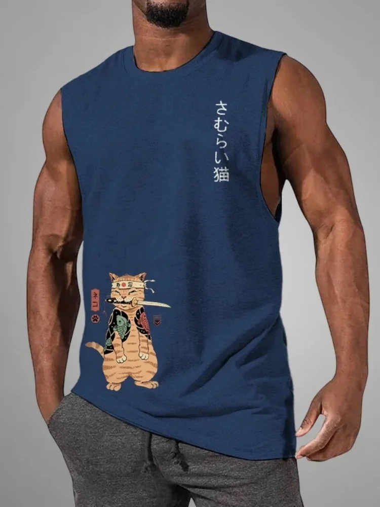 

Men's Japanese Sushi Samurai Cat Print Casual Tank Top Polyster Fabric Thin Sleeveless Vest Man Clothing Holiday Summer 2025