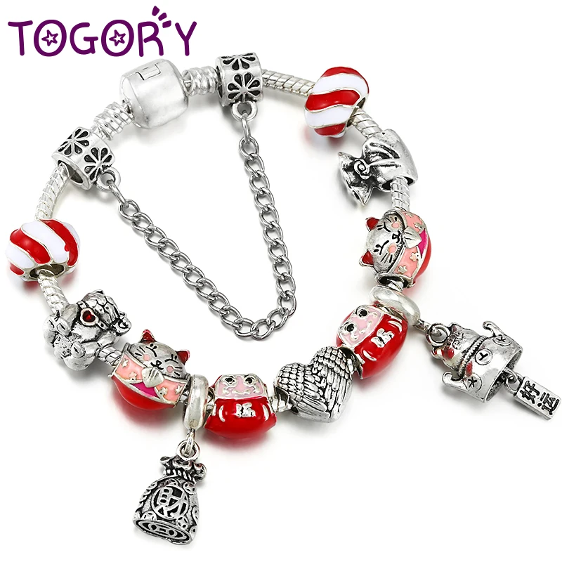 TOGORY Fortune Lucky Series Charm Bracelet With Red Recruit Money Cat Beads Bracelets Bangles For Women Kids Jewelry Gift