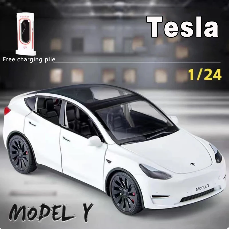 1:24 simulación de Tesla, modelo de coche de aleación, nuevo vehículo de energía, sonido y luz, tire hacia atrás, colección de coches de juguete,