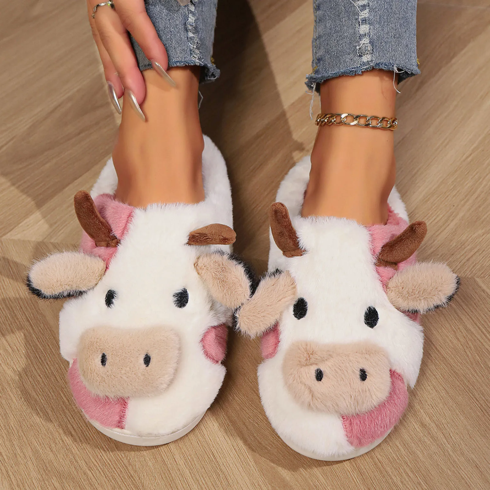 

Winter New Unisex Cartoon Cow Warm Plush Slippers Couple's Indoor Non-slip House Slides Men And Women Toe Wrap Home Cotton Shoes