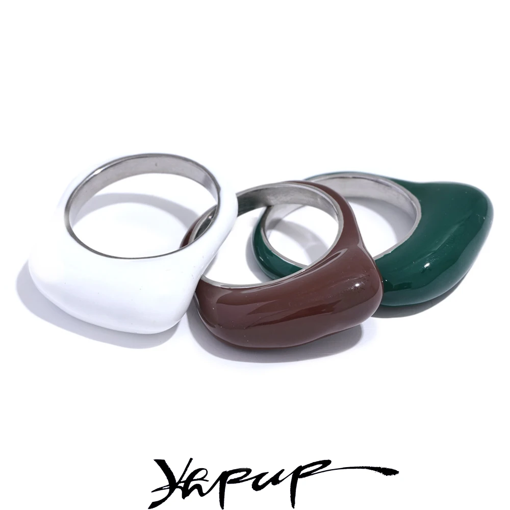 Yhpup White Green Coffee Enamel Stainless Steel Minimalistyczny pierścionek INS Chic dla kobiet Spersonalizowany prezent na palec