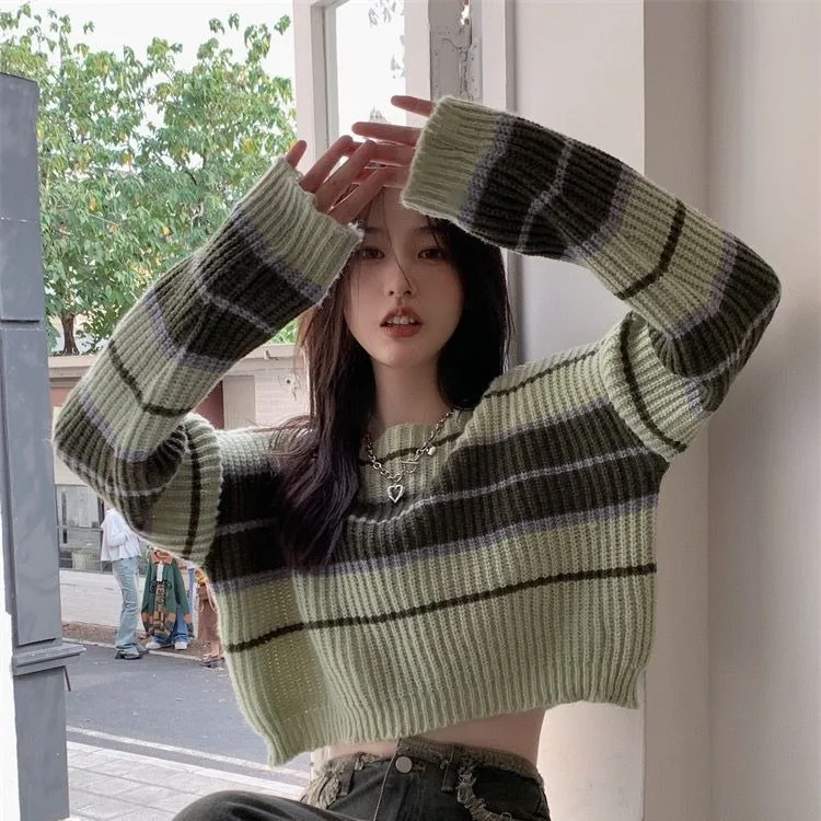 Vintage Chic Striped Sweaters Women 2024 Autumn New Loose Knitted Pullover Y2k Grunge Long Sleeve Bottoming Tops