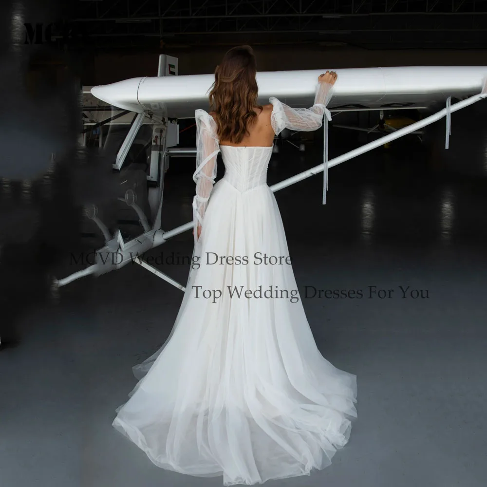 MCDV Customized Gorgeous Beaded Tulle Wedding Dress Long Sleeve Side Split vestidos de novia Strapless Bride Gowns Customized