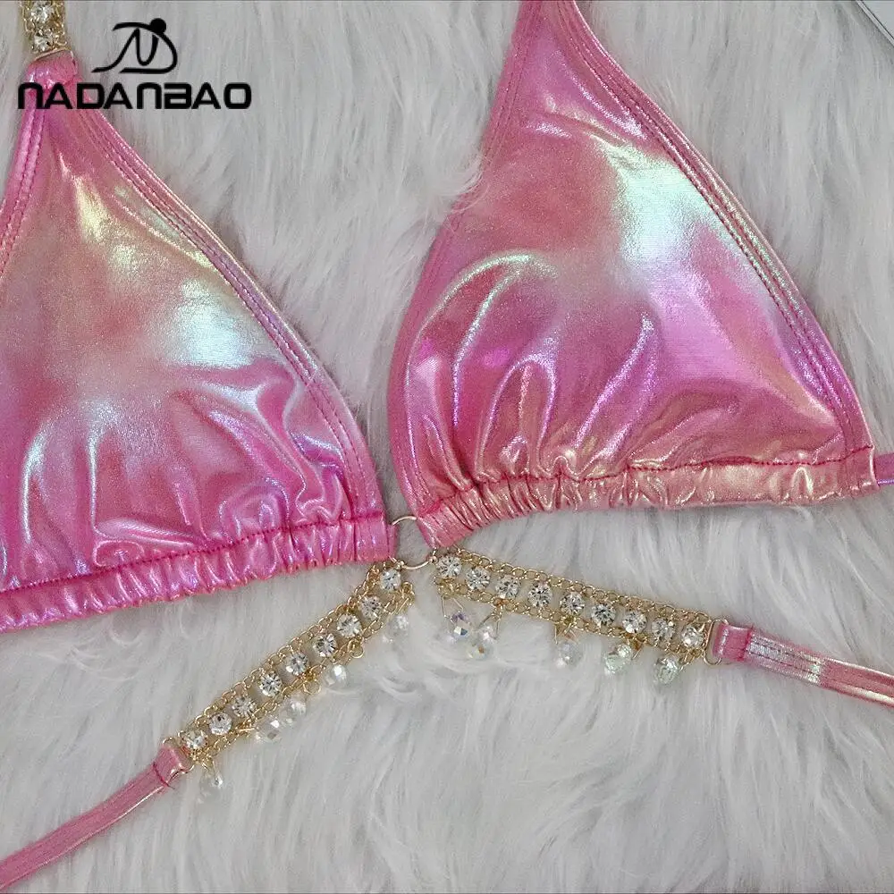 Nadanbao sexy brilho rosa biquíni conjuntos de duas peças maiô cristal diamante biquinis verão praia festa banho feminino maiô