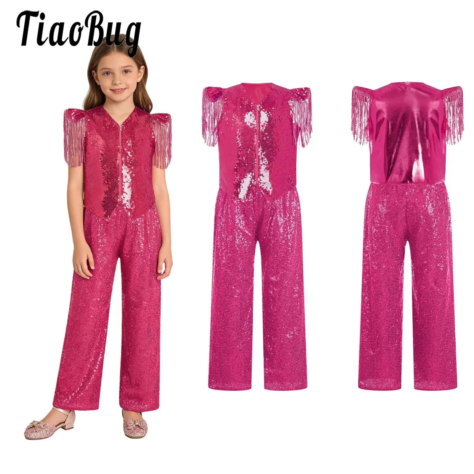 Kids Girls Sparkling Sequin Jazz Dance Outfit Sequined Tassels Cap Sleeves V Neck Zipper Vest with Pants Modern Dance Stage Set
