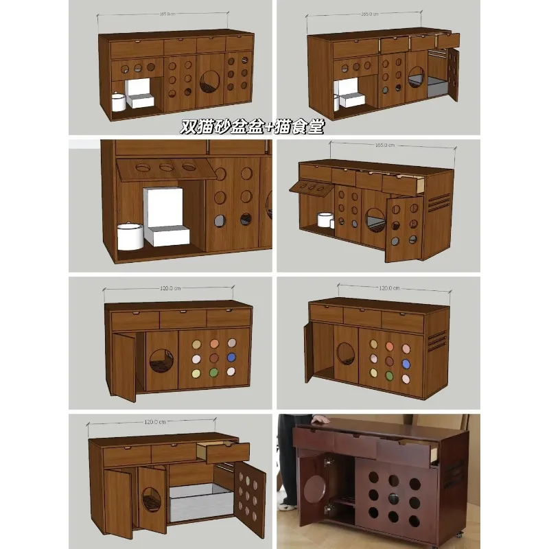 Wooden cat furniture multi-function pet cabinet with trash area, dining area and storage area