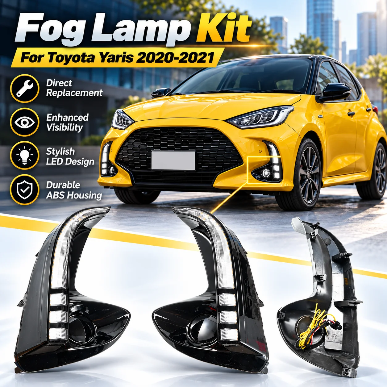 Front Bumper Fog Light Complete Kit For Toyota Yaris Hatchback 2020‑2021 Halogen Driving Lamp With Bezels Harness Relay Switch