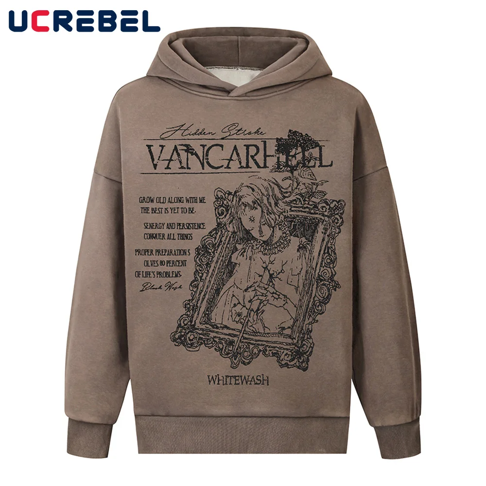 Vintage Pattern Print Hooded Sweatshirts Mens Fleece Autumn Winter High Street Long Sleeve Drop Shoulder Sweatshirts Men