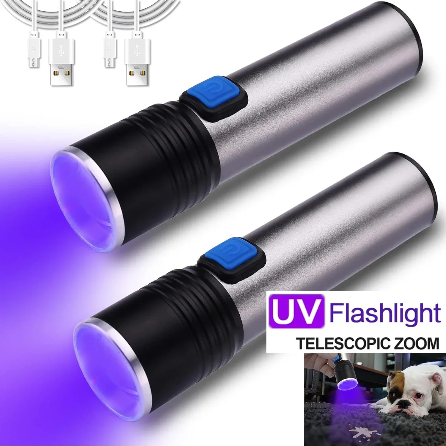 395nm UV Flashlight Blacklight Zoomable USB Rechargeable UV Light Ultraviolet Flashlight for Pet Urine Detection Resin Curing