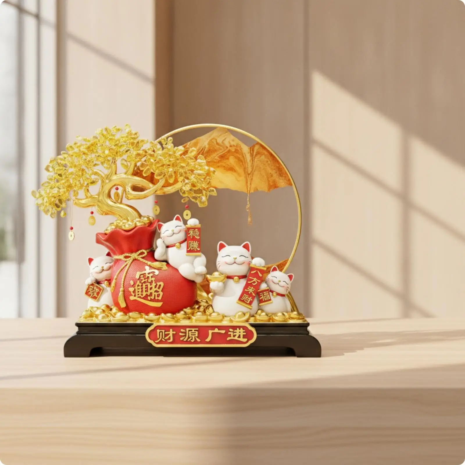 Fortune Cat Statue with Gold Frame Auspicious Fortune Cat Ornament Golden Welcoming Ornament for Business Owners, Cashier