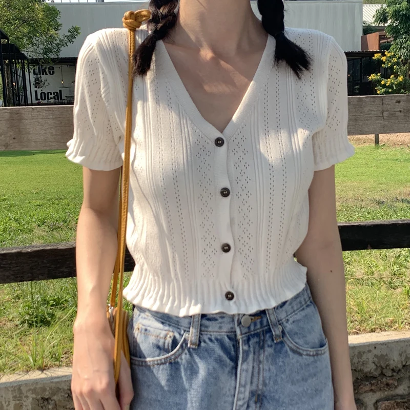 

Jennie Summer Vintage Light Beige V-Neck Versatile Short Knitted Top Hollow out Thin Women's T-Shirt Glue Fabric Pure Color