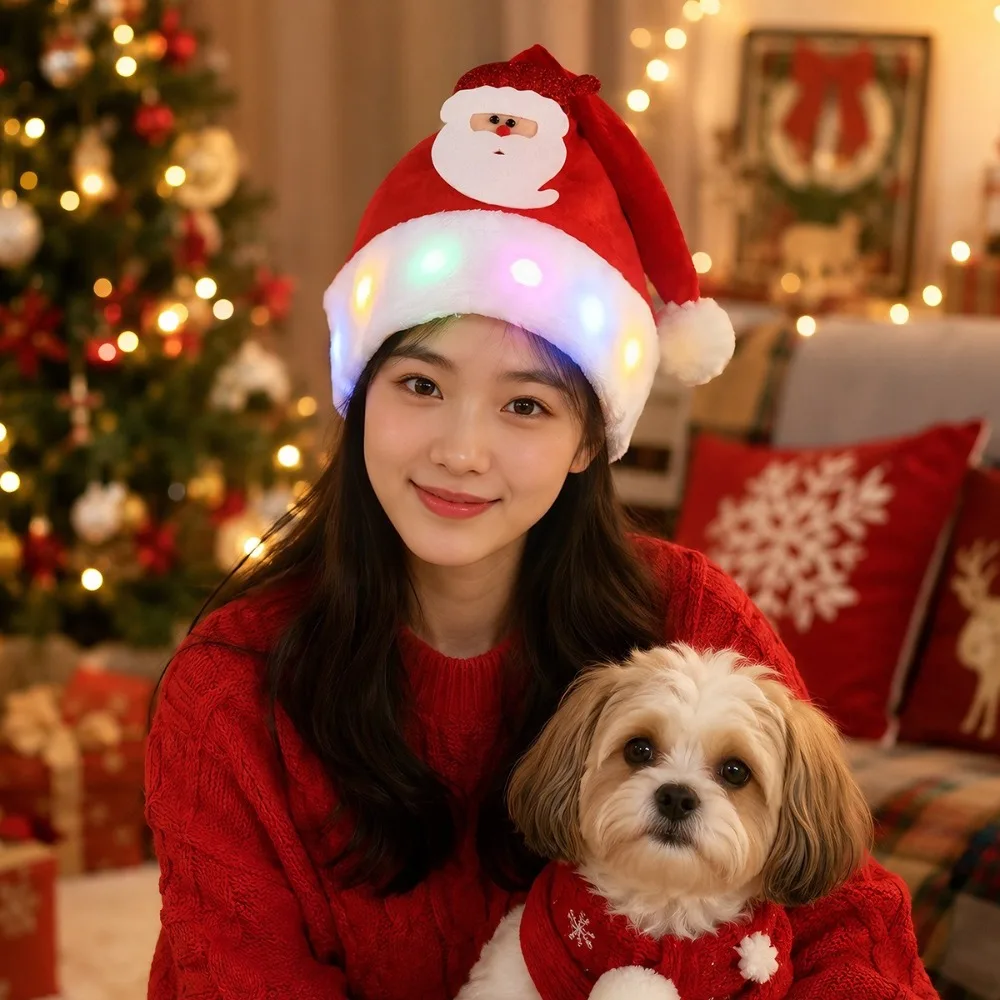 Glowing Effect LED Light Christmas Hat Colored Lights Adjustable Snowman Hat Soft Fabric Elk Hat Adult Party