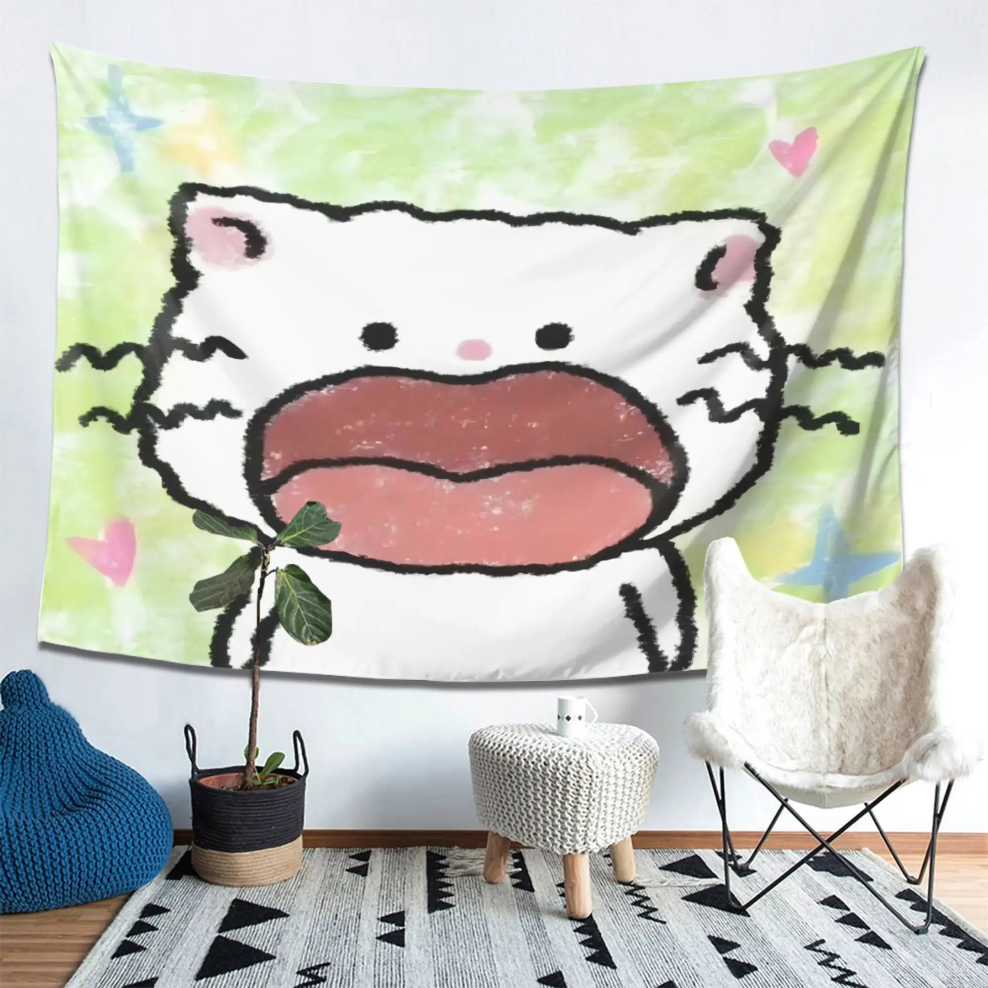 Cute Cartoon Cat Tapestry Wall Hanging Funny Animal Print Kawaii Cat Decor for Bedroom Living Room Apartment Art Textile Whimsic
