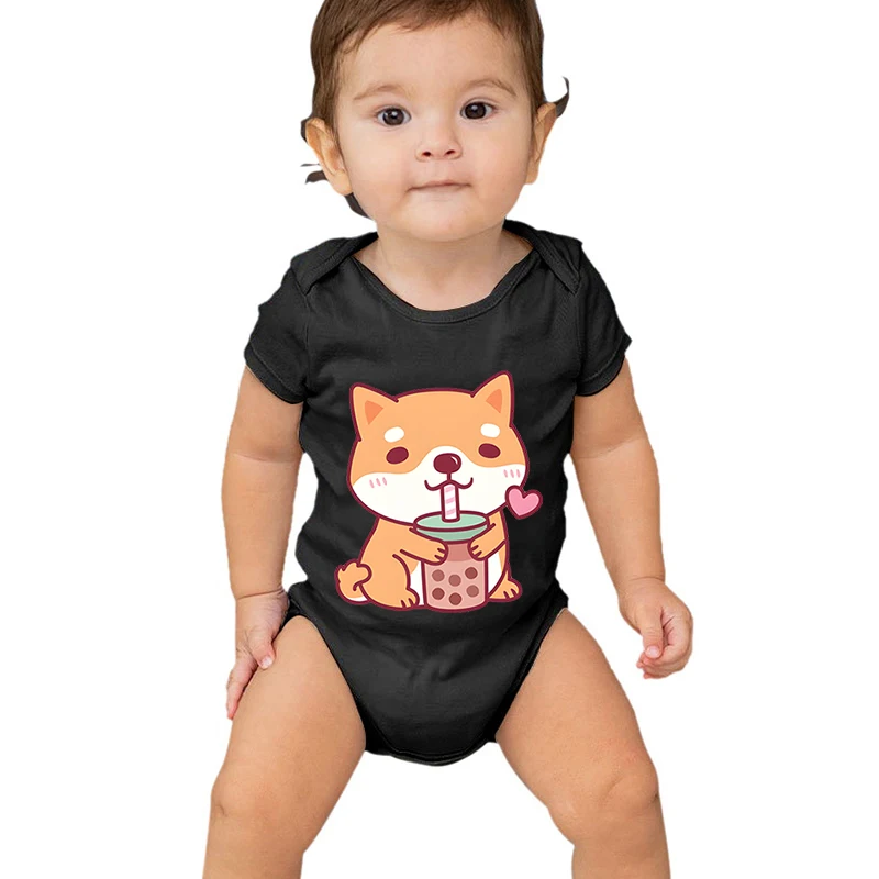 Cute Shiba Inu Bubble Tea Print Newborn Bodysuits Cotton Summer Short Sleeve Baby Onesie Cartoon Dog Infant Boy Girl Jumpsuit