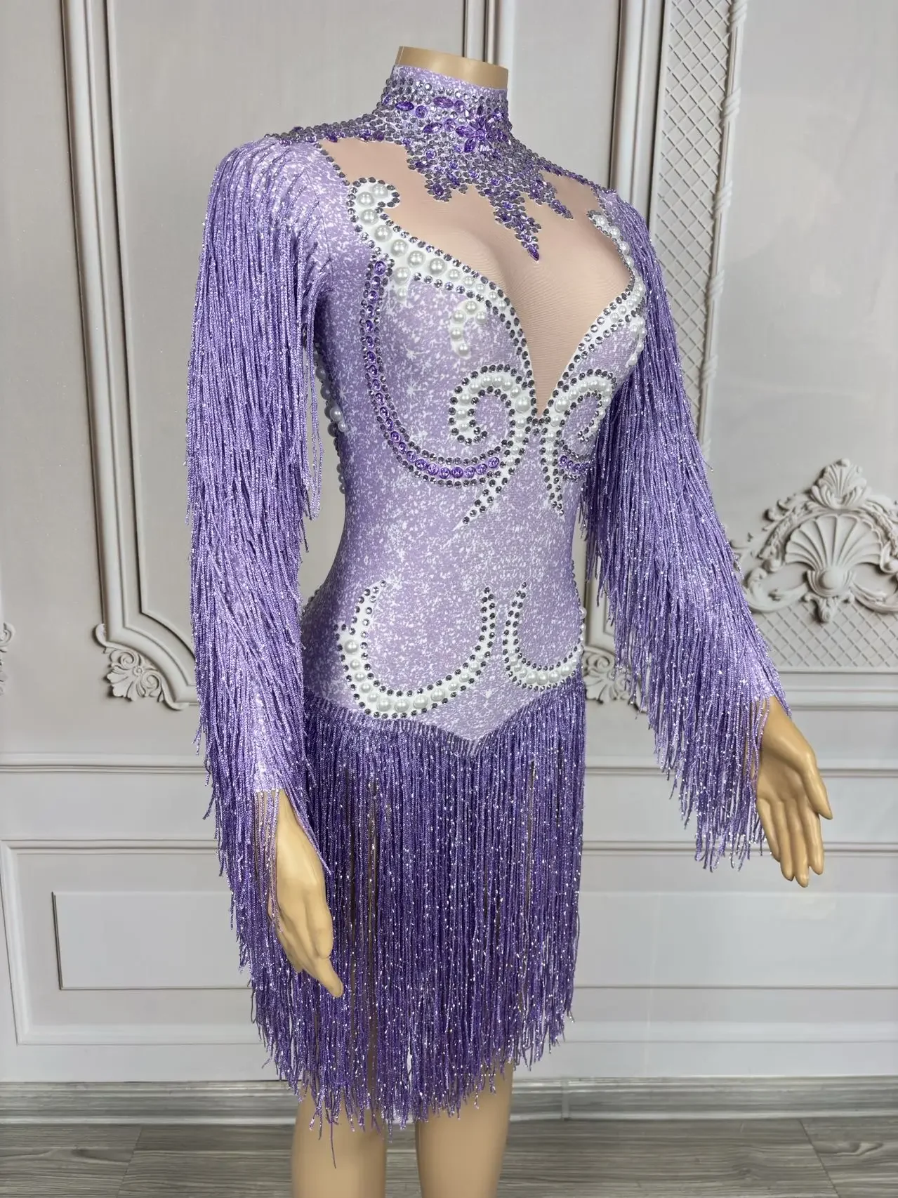 クリスタルラインストーンボディスーツステージパフォーマンスナイトクラブタッセルジャズダンス衣装女性パーティー制服ジャンプスーツ Gongniu