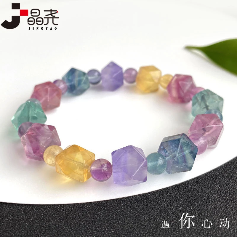 Natural Cabochon , Full-Color Candy-Colored Fluorite Bracelet, Single-Loop Jewelry Women An