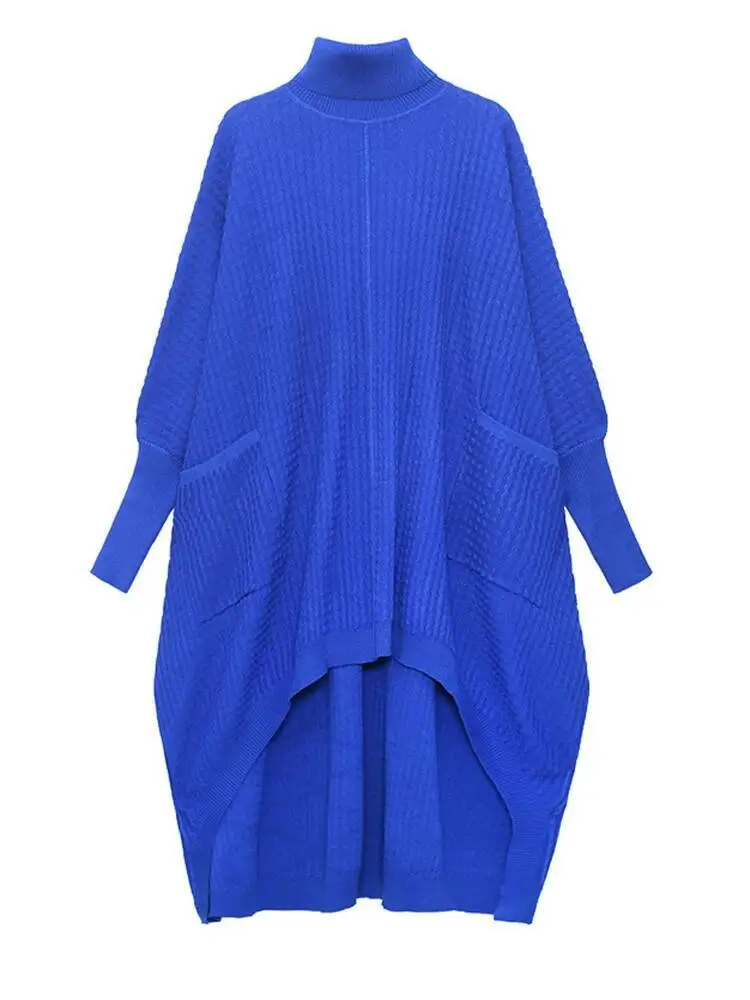 Blue Irregular Women Back Long Big Size Knitting Dress New Turtleneck Long Sleeve Fashion Spring Autumn 2026 PBZ0