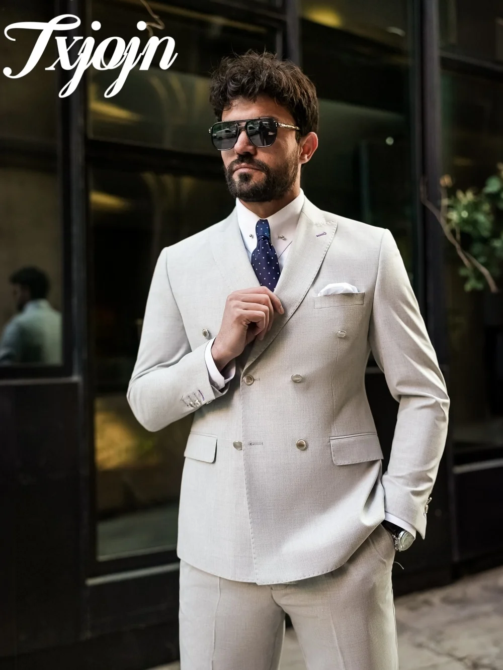 Charming Beige Double Breasted Men Suit Set 2pcs Classic Slim Fit Men Suit For Best Man Performance Suit Trajes For Hombre