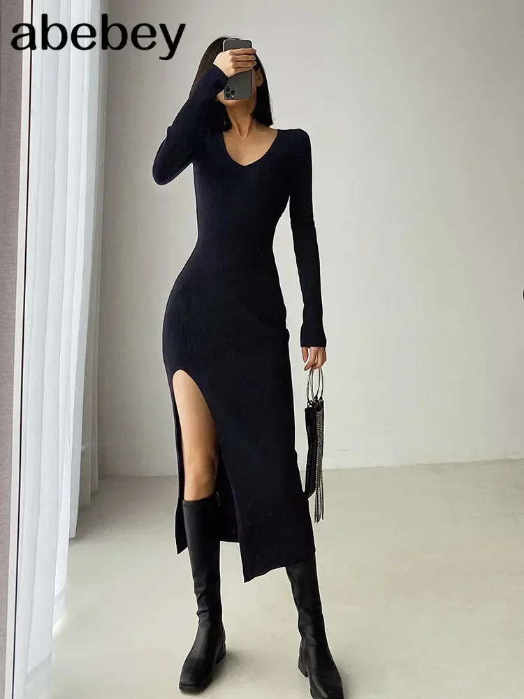 spring and winter sexy French slit sweater dress female slim tight-fitting hip-knit over-the-knee dresses