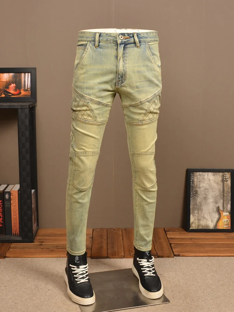 Yellow Mud Color Motorcycle Jeans Men's Stretch Slim Fit Skinny Ruan Handsome Casual Retro Distressed Stitching Men's Pants