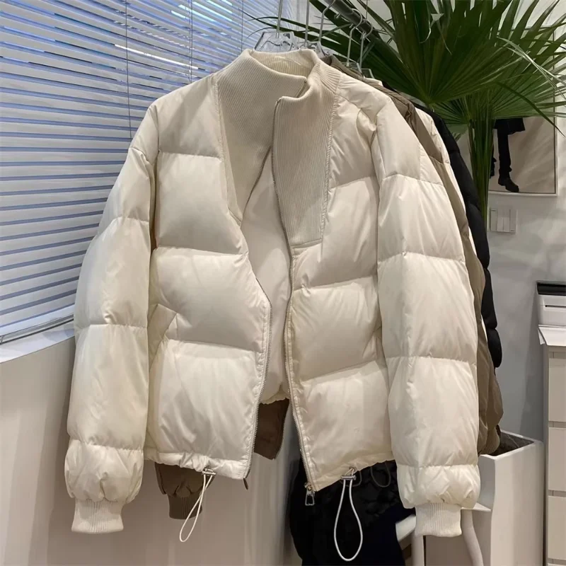 Korean Style Knitting Spliced Women's Coat Tops Short Puffer Women's Loose Bread Coat Warm Long Sleeve Cotton Coat