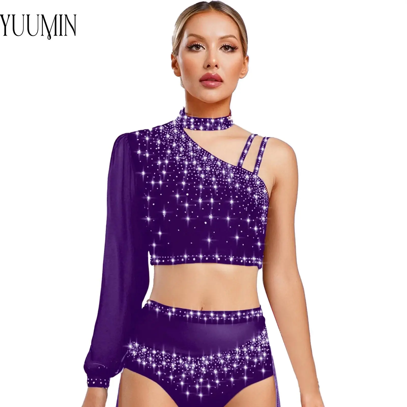 

Women Ballet Contemporary Lyrical Dance Costume Asymmetrical Long Sleeve Rhinestone Mesh Crop Top+Skirt Stage Performance Sets