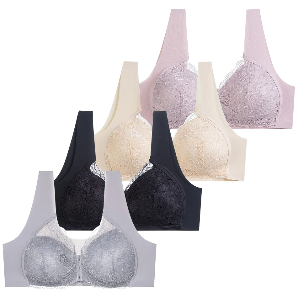 Women Without Steel Ring Front Buckle Comfortable And Anti Sagging Bra Solid Color Comfortable And Breathable Lace Fabric Bra